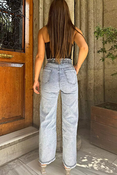 Zehra Gül Buzmavisi Kadın Yüksek Bel Paça Püsküllü Taş Detaylı Likralı Jean Kot Pantolon