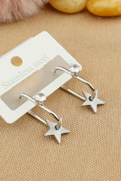 Keyifli Hayaller Çelik Vip Küpe - 316L Çelik Zirkon Taşlı Yıldız Halka Küpe Kararmaz Solmaz Halka Çelik Küpe