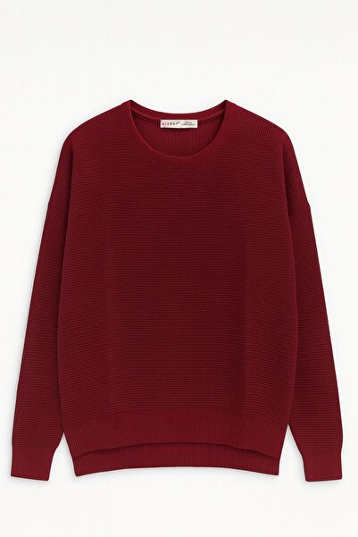 Mixray 6183 Kadın Nopeli Oversize Triko İnce Basic Kazak Bordo