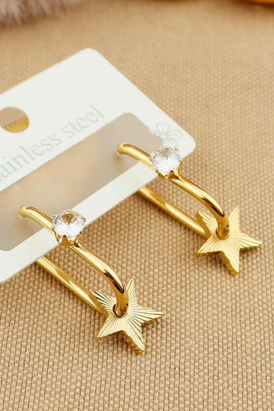 Keyifli Hayaller Çelik Vip Küpe - 316L Çelik Zirkon Taşlı Yıldız Halka Küpe Kararmaz Solmaz Halka Çelik Küpe