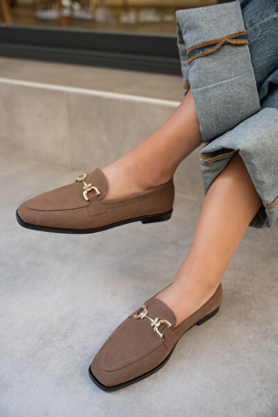 LAMİNTA Aloha Bitter Brown Suede Women's Loafer with Gold Detail