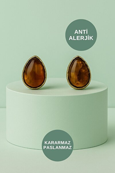 ALEXANDER HUD Antialerjik Suya Dayanıklı Kararmaz Kadın Gece ve Günlük Şık Kehribar Büyük Taşlı Çelik Küpe