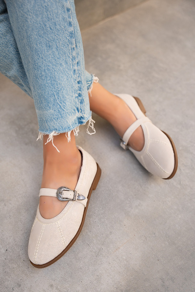 LAMİNTA Opsis Beige Suede Flat Sole Women's Ballerinas with Belt Detail