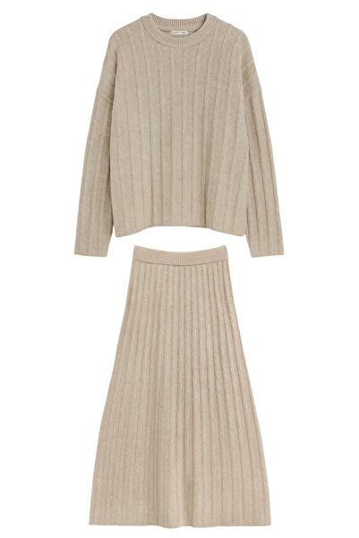 Mixray 6960 Women's Braided Soft Textured Knitwear Bottom and Top Set Beige