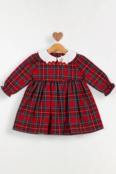 Baby Rose New Year's Red Plaid Patterned Collar Detailed Baby Girl Dress 9-12-18-24 Months