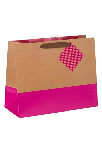 SHOPIENS Δίχρωμη Τσάντα δώρου μπεζ & φούξια με υφασμάτινες λαβές 33x14x26,5 εκ.