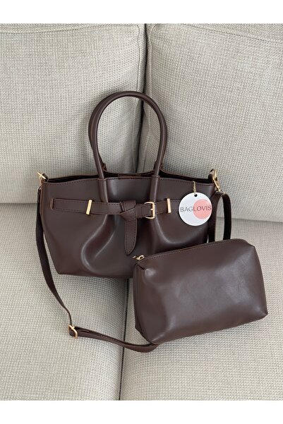 BAGLOVİS Brown Women's Shoulder Bag with Front Belt and Puppy Bag En32 Boy20