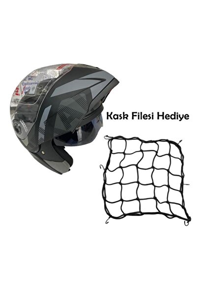 JK20 Çene Açılır Güneş Vizörlü Motosiklet Kaskı Gri Siyah L Beden Baş Çevresi...