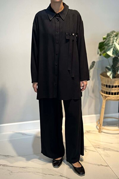 Ceremony Tunic Front Buttoned and Beaded Pants Suit 6938 Black