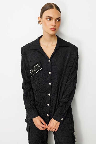 Moda İlgi MODAİLGİ İncili Düğme Kapamalı Gömlek 10048 Siyah