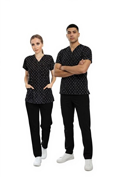 Nur Medikal Giyim Unisex Siyah Çapa Desenli Doktor Hemşire Hastane Aşçı Scrub...