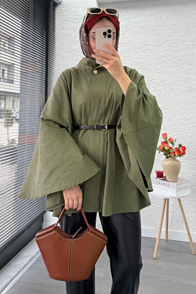 MELEK ARAZ Önü Tek Düğmeli Kemerli Gabardin Panço - Haki