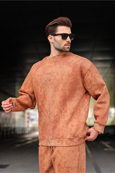 Madmext Brown Crew Neck Tie-Dye Patterned Men's Sweatshirt Pants Set E7344