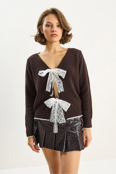 Bianco Lucci Kadın V Yaka Fiyonk Aksesuar Kapamalı Triko Hırka 9056 60283707