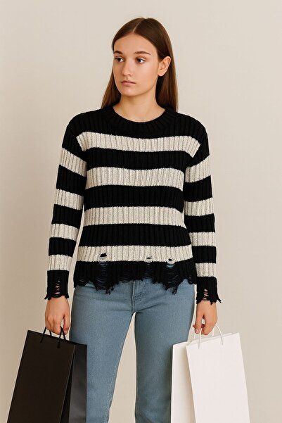 HİRA LİFE FASHİON Pulover cu mâneci cu dungi pentru femei