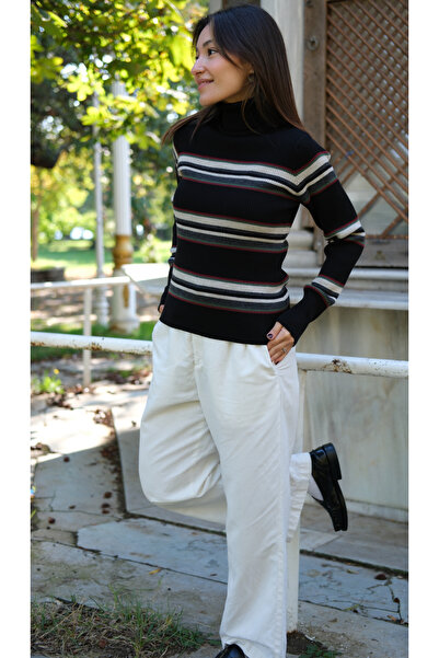 Butik Una Fiaba-Negru-Bej Pulover tricotat cu dungi pentru femei basic