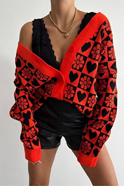 lovebox Orange Knitwear Fabric Patterned and Button Detailed Cardigan 0200