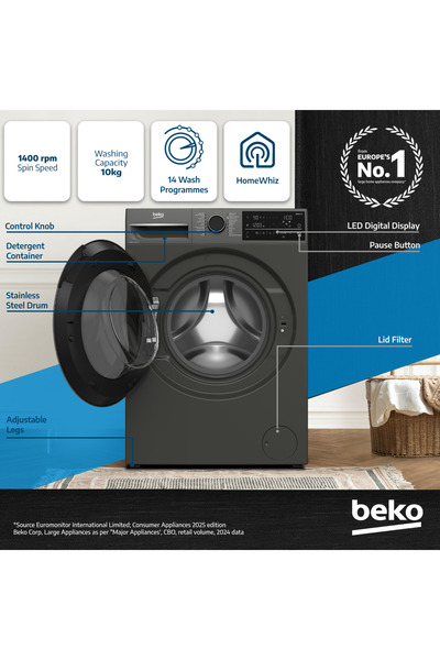 Beko 10 kg Front Load Washing Machine, 1400 RPM, 15 Programmes,Aquatech,SteamTherapy,WTE1014XM(Grey)