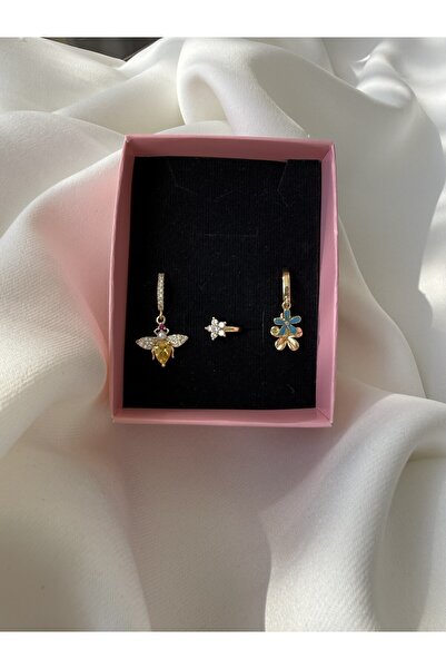 NB STEELORA أقراط ذهبية اللون مكونة من 3 قطع مع أشكال النحل والزهور وحجر الزركون