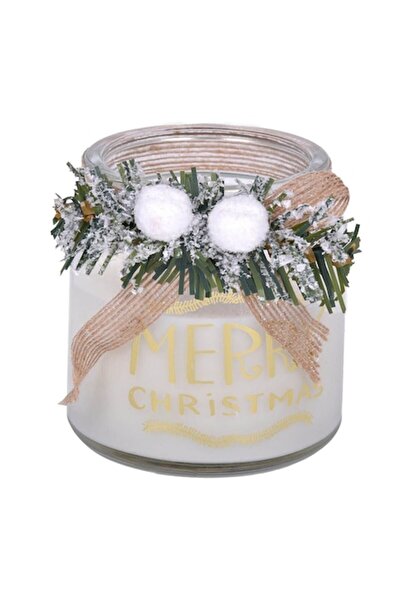 MYONNA IT & E- COMMERCE Christmas Candle, Transparent, Decorated with Mistletoe and White Pom Poms, 10x10.5 cm, MYONNA IT &