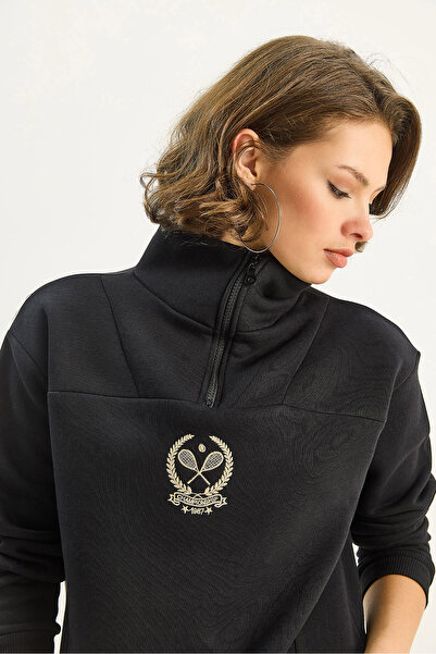 Bianco Lucci Kadın Dik Yaka Yarım Fermuarlı İçi Polarlı Crop Sweatshirt 1808 60283713