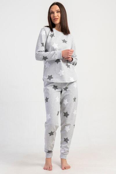 REN Women's 2 Thread Woven Round Neck Long Sleeve Skirt Oval Cuff Pajama Set with Inner Ribbing