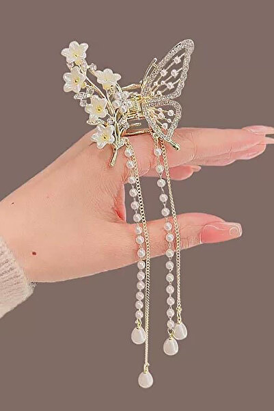 TAKIŞTIR Gold Color Butterfly Figured Metal Latch Buckle with Pearl Detail