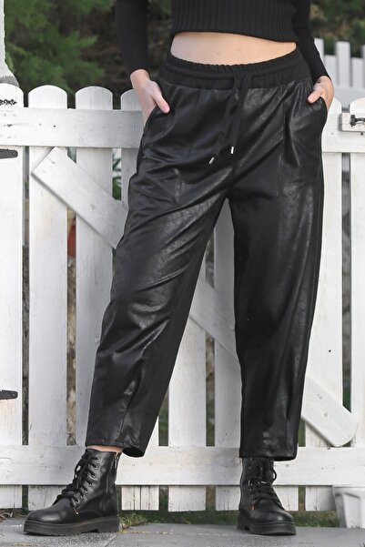 Chiccy Black Pocketed Elastic Waist Straight Leg Casual Faux Leather Knitted Trousers 95 65