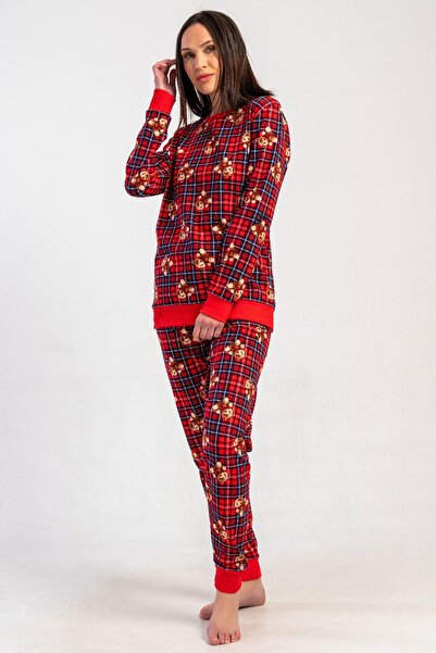 REN Women's red plaid, teddy bear, 100% cotton, 2-thread woven long sleeve cuff pajama set