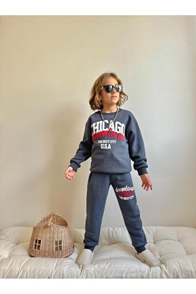 Patriko Boys' Chicago Gray Color Inner Lined New Season Winter Bottom Top Tracksuit Set