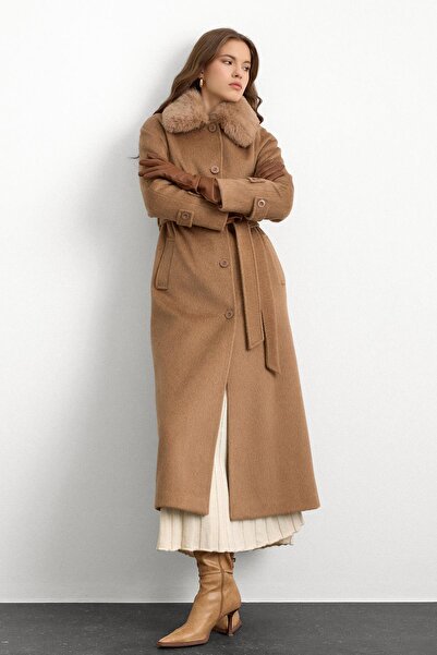 Olcay Fur Moher Long Coat with Detachable Collar Kamel 3151