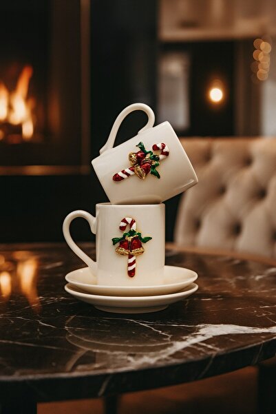 Arma House Yeni Yıl Özel 2'li Porselen Türk Kahvesi Fincan Takımı| Yılbaşı Konseptli Şeker Baston Detaylı