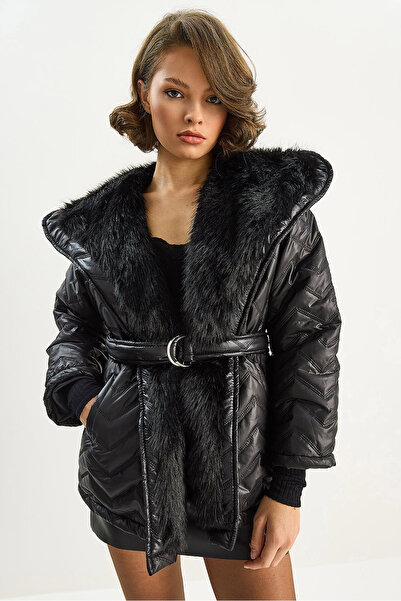 Bianco Lucci Women's Fur Detailed Belted Lined Quilted Coat 3149 60283718