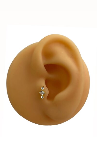 Siminkari 925 Ayar Gümüş Üzerine Mikron Altın Kaplama Taşlı Geometrik Gold Piercing 8 mm Tragus Helix