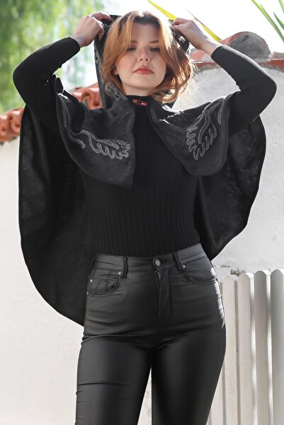 Chiccy Black Hooded Buttoned Piped Süzene Embroidered Casual Cashmere Bolero Woven Poncho 43 75
