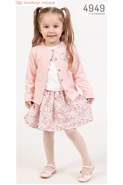 Baby Rose Crisp Patterned Cardigan Sweet Skirt Set 1-2-3-4 Years Old