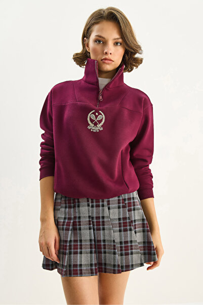 Bianco Lucci Kadın Dik Yaka Yarım Fermuarlı İçi Polarlı Crop Sweatshirt 1808 60283713