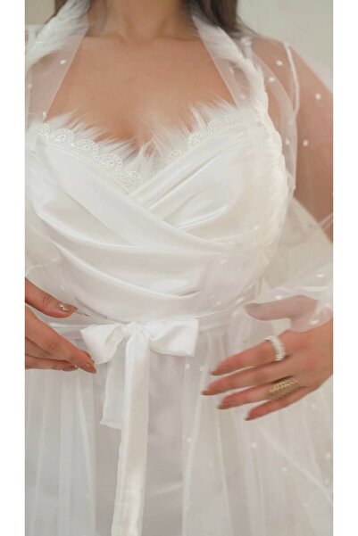 Lama Lingerie Women's Dressing Gown Satin Feathered White Uzuz 2Il