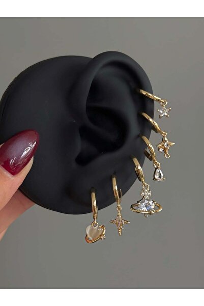 h&b design jewel Çelik Gold Kalpli 6 Lı Küpe Seti