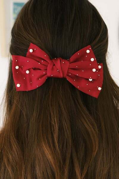 TAKIŞTIR Burgundy Color Automatic Buckle with Pearl and Stone Detail