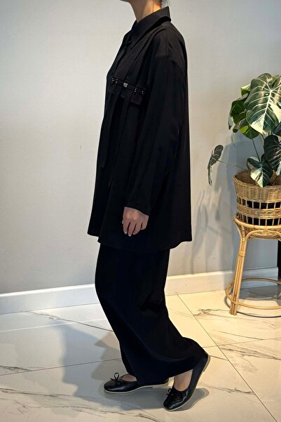 Ceremony Tunic Front Buttoned and Beaded Pants Suit 6938 Black