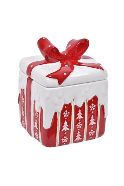 MYONNA IT & E- COMMERCE Ceramic Gift-Shaped Cookie Box, Red and White, 14x14x20.5 cm, Christmas