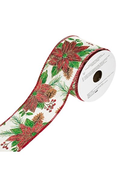 SHOPIENS Christmas Decorative Ribbon, Poinsettia Pattern, Beige with Red, Len...