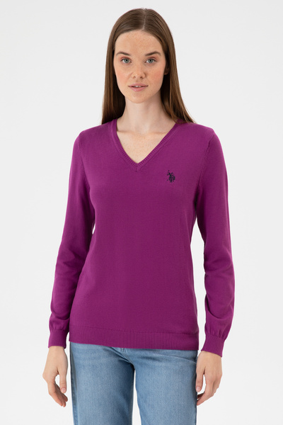 U.S. Polo Assn. سترة نسائية أساسية ذات ياقة على شكل حرف V باللون البنفسجي 50313590-VR203