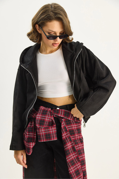 Bianco Lucci Women's Hooded Zippered Pocket Detailed Lined Suede Bomber Jacket 6912 60283709