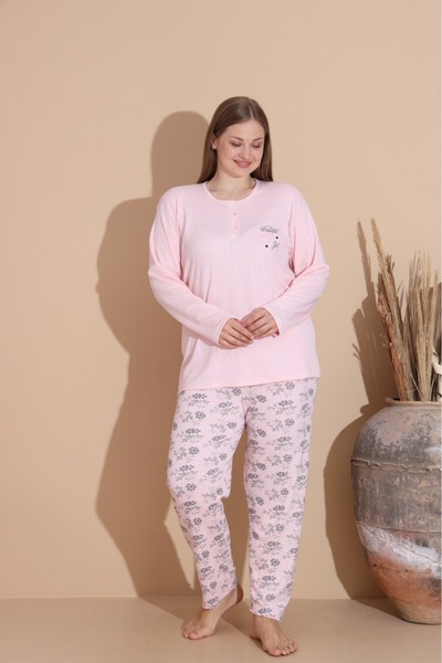 Eyfuze Women's Winter Plus Size Curve Embroidered Patterned Collar Buttoned Long Sleeve Pajama Set