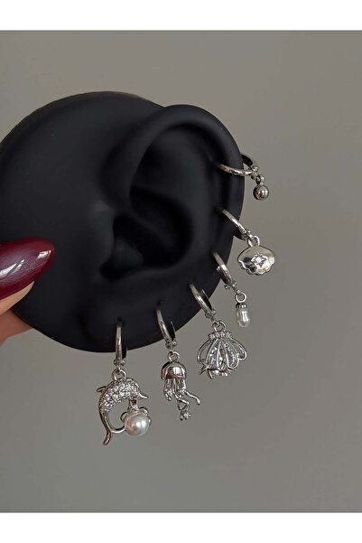 h&b design jewel Çelik Silver İncili Yunus Detay 6 Lı Küpe Seti