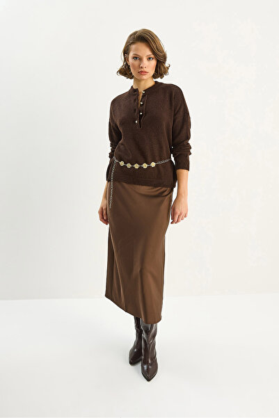 Bianco Lucci Γυναικείο πλεκτό πουλόβερ με λαιμόκοψη με 4 κουμπιά κανονικό πλεκτό πουλόβερ TK251128 60283720