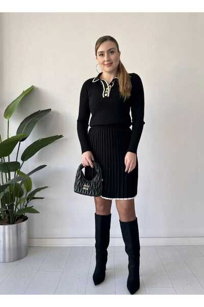 Cemre Life Collar Button Detailed Knitwear Skirt Set