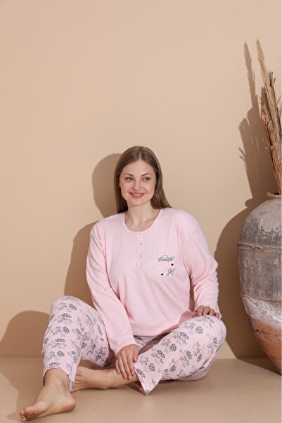 Eyfuze Women's Winter Plus Size Curve Embroidered Patterned Collar Buttoned Long Sleeve Pajama Set